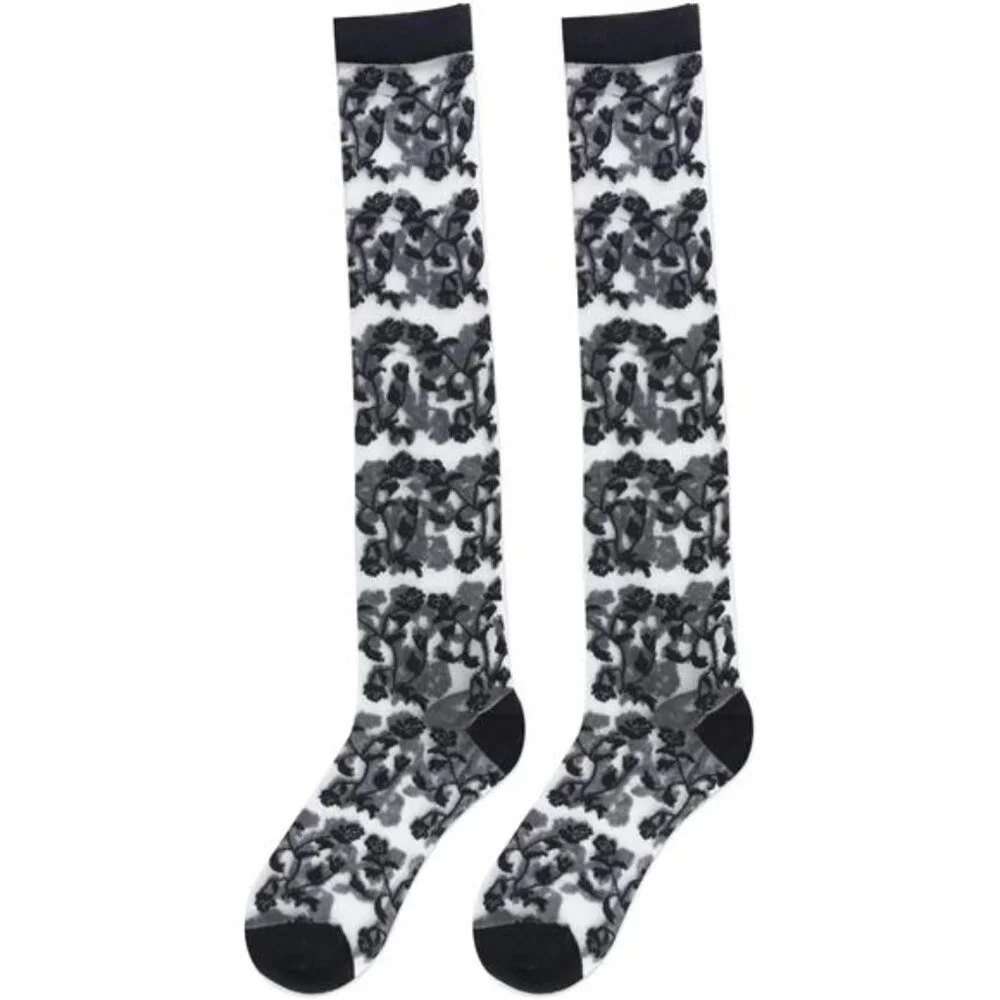 Sheer Knee High Socks Black flowers Stockings Nylon - Picture 7 of 7